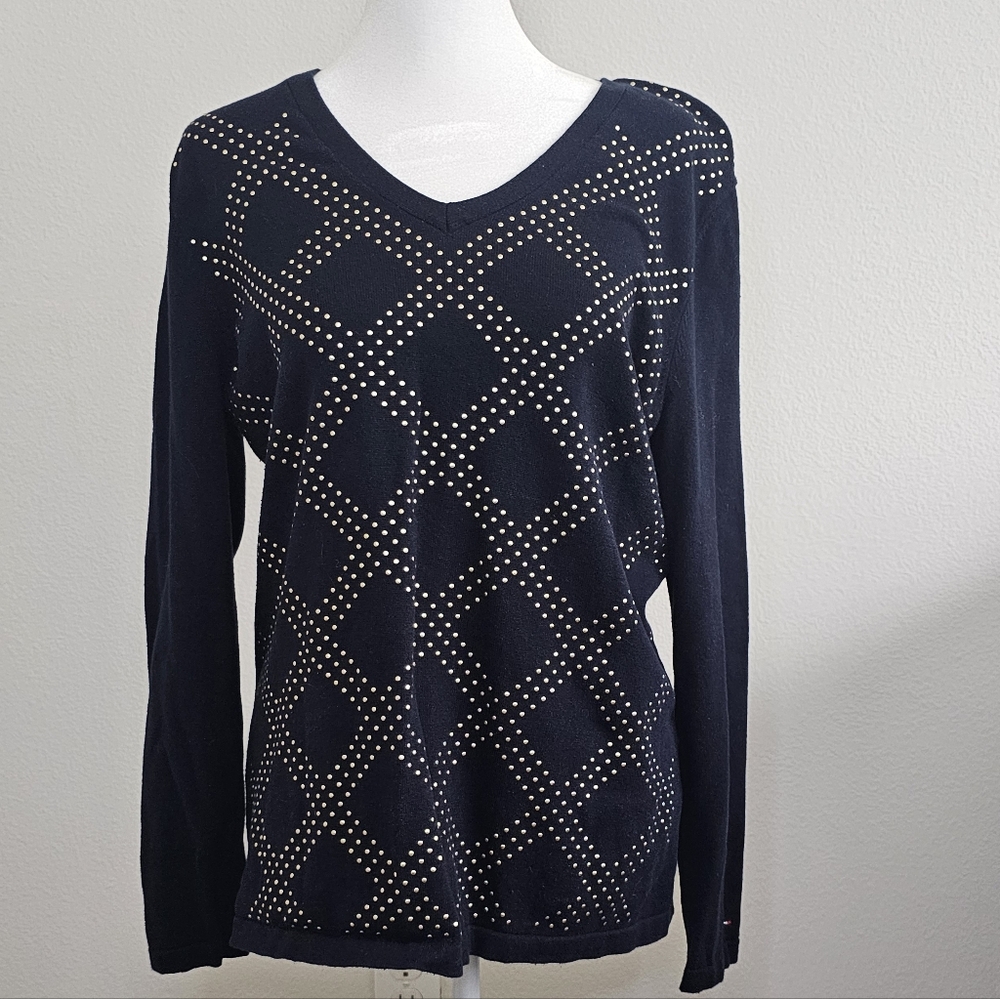 Tommy Hilfiger Women's Ivy Studded Argyle V-Neck Sweater Large